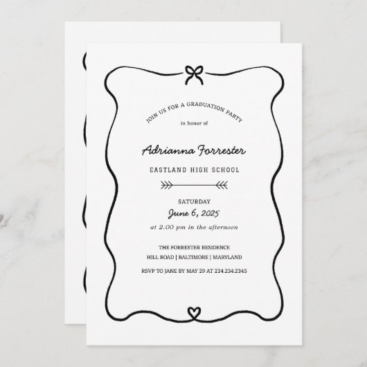 キュートボウハートミニマル卒業パーティー 招待状 (正面/裏面)