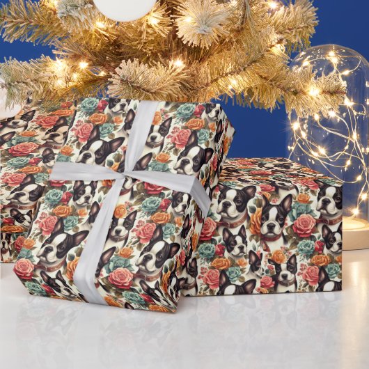 キュートボストンテリアイラストレーション ラッピングペーパー (クリスマス)