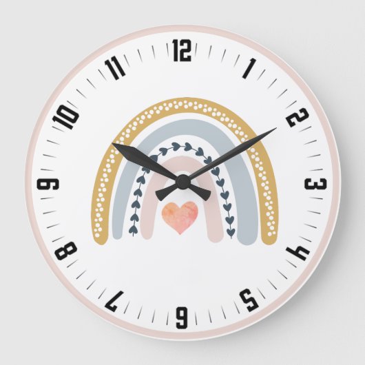 キュートボホウォーターカラーパステルレインボー子供部屋 ラージ壁時計 (正面)