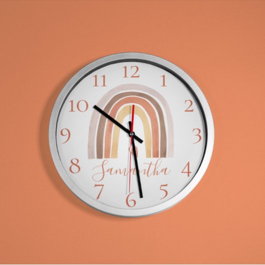 キュートボホウォーターカラーレインボーハート名前をカスタムするロー ラウンド壁時計