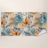 キュートボホビーチボタニカルブルーピーチ花模様 ビーチタオル (正面)