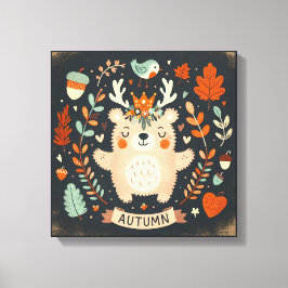 キュートボホーオータムベアーリースウォールデカール キャンバスプリント