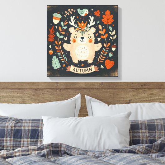 キュートボホーオータムベアーリースウォールデカール キャンバスプリント (インサイチュ (寝室))