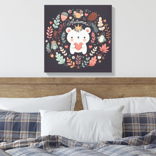キュートボホーオータムベアーリースウォールデカール キャンバスプリント (インサイチュ (寝室))