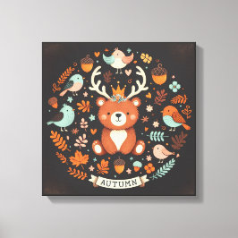 キュートボホーオータムベアーリースウォールデカール キャンバスプリント