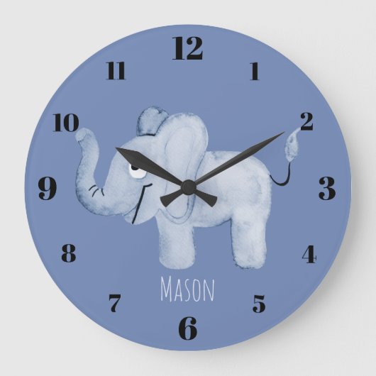 キュートボーイズブルーウォーターカラーエレファントサファリ子供部屋 ラージ壁時計 (正面)