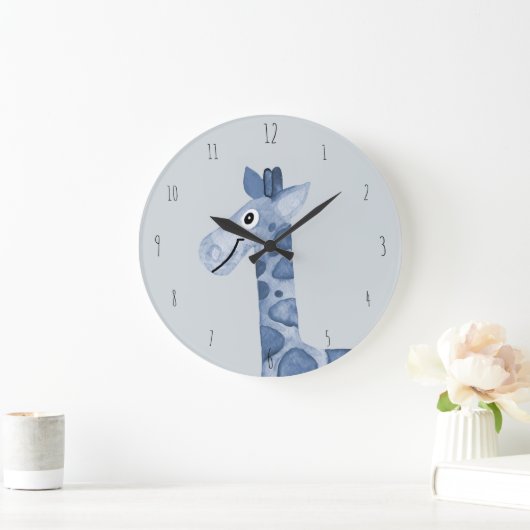 キュートボーイズブルー水彩キリンサファリ子供部屋 ラージ壁時計 (ホーム)