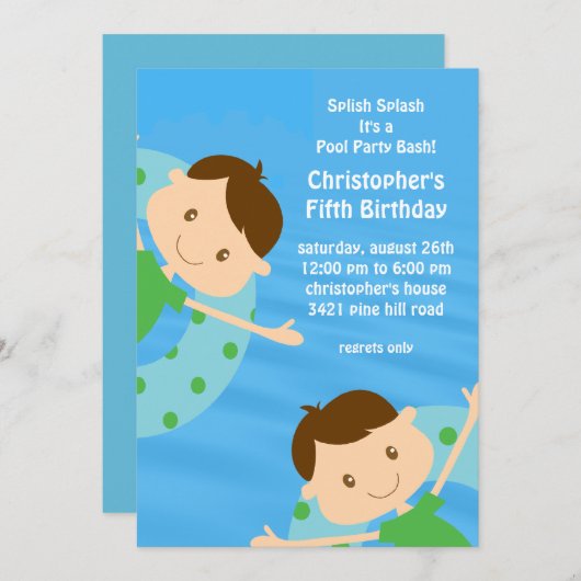 キュートボーイズプールパーティー誕生日招待状 招待状 (正面/裏面)