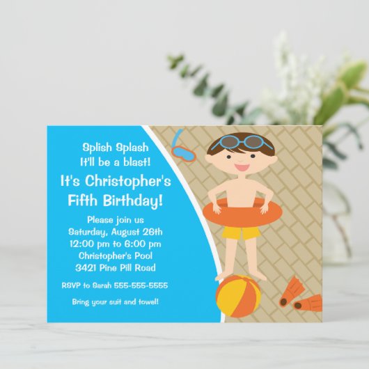 キュートボーイプールパーティー誕生日招待状 招待状 (スタンド正面)