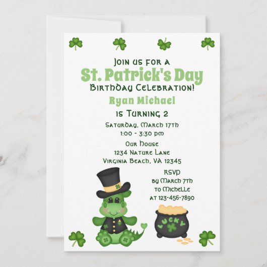 キュートボードラゴンセントパトリックの日誕生日 招待状 (正面)