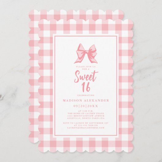 キュートボーパステルピンクホワイトギンガムチェック誕生日 招待状 (正面/裏面)