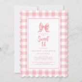 キュートボーパステルピンクホワイトギンガムチェック誕生日 招待状 (正面)