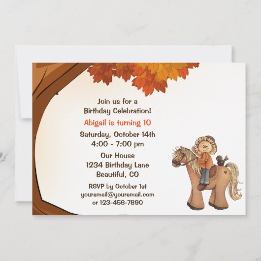 キュートポニーとかかし秋ホース誕生日 招待状 (裏面)