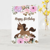 キュートポニー&フラワーズカラフルホース誕生日 カード (黄色い花)