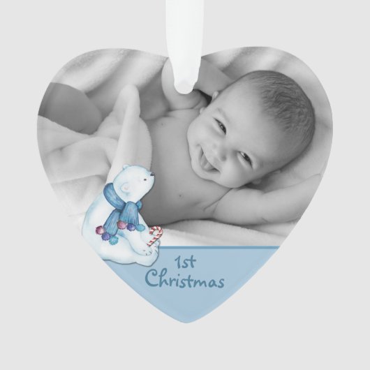 キュートポーラベア初めてのクリスマス写真テンプレート オーナメント (正面)