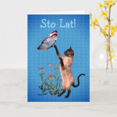 キュートポーランド誕生日キャットバタフライ カード (黄色い花)