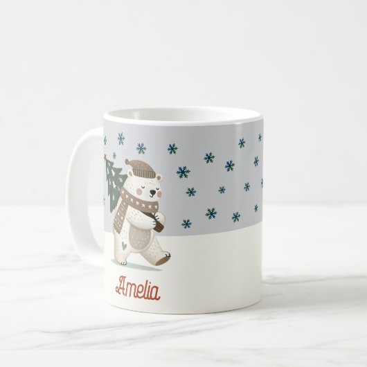 キュートポーラーベアースノーフレークスケッチ名クリスマス コーヒーマグカップ (正面左)