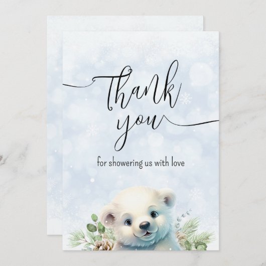 キュートポーラーベアーブルーウィンタースノーサンキューカード サンキューカード (正面/裏面)
