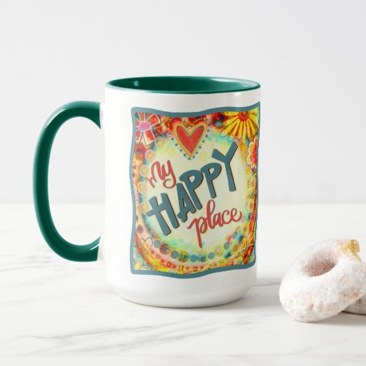 キュートマイハッピープレイス引用文おもしろいインスピレーション マグカップ (ドーナツ付き)