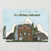 キュートマウンテンキャビンとベア誕生日招待状 招待状 (正面/裏面)
