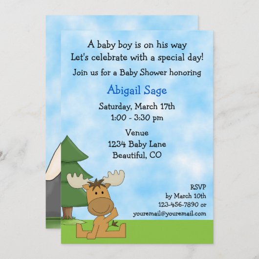 キュートマウンテンムースボーイズ赤ちゃんシャワー招待状 招待状 (正面/裏面)