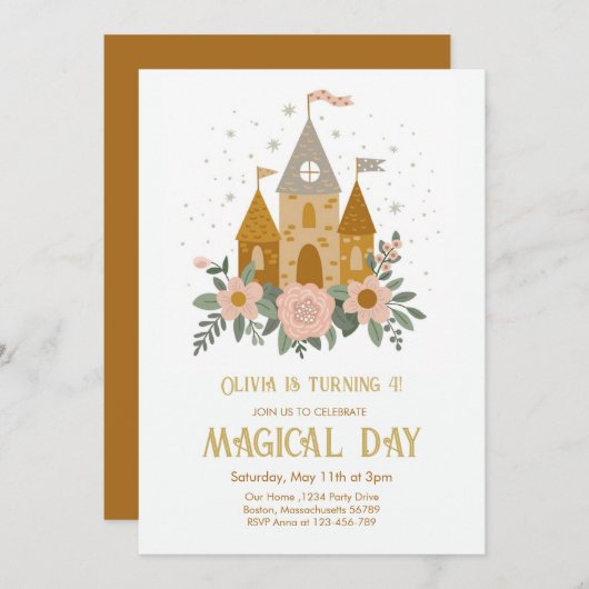 キュートマジカルデイプリンセス城誕生日 招待状 (正面/裏面)