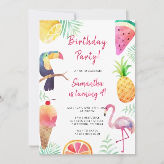 キュートマジカルユニコーンレインボー誕生日 招待状 (正面)