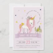 キュートマジカルユニコーン薄紫パープル子供の誕生日 招待状 (正面)