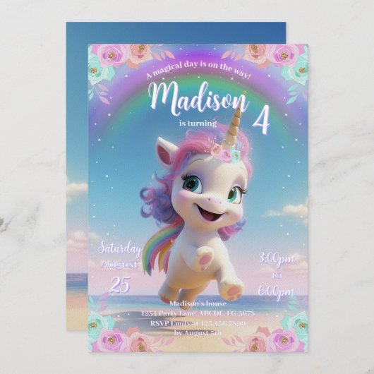 キュートマジカルユニコーン誕生日招待状 招待状 (正面/裏面)