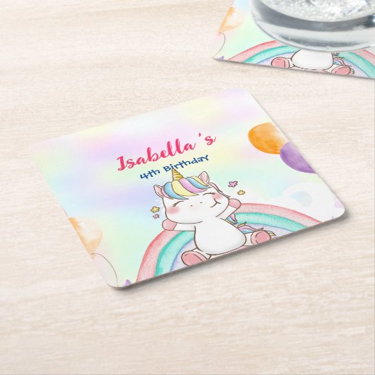 キュートマジカルレインボーユニコーンハッピーバースデーパーティー スクエアペーパーコースター (アングル)