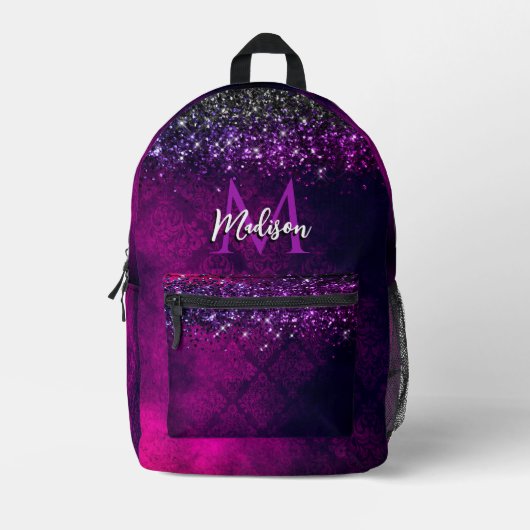 キュートマゼンタブラックフェイクグリッターモノグラム プリントバックパック (正面)
