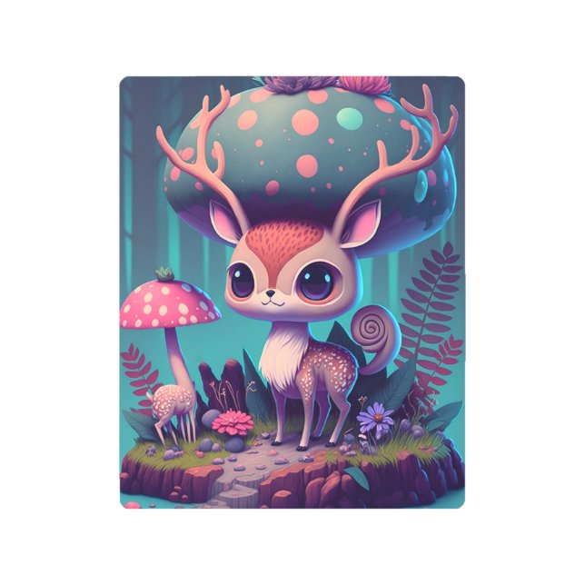 キュートマッシュルーム鹿ファンタジーアートメタルプリント メタルプリント (正面)