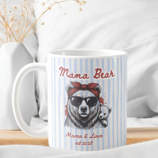 キュートママベアのブルーストライプ ママへのギフト コーヒーマグカップ