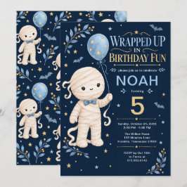 キュートマミーボーイ5歳の誕生日ブルーゴールド 招待状