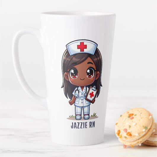 キュートマンガブラックナースブルネットブラウンアイズカスタム カフェラテマグ (インサイチュ)