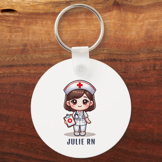 キュートマンガブルネットナースカリカチュアパーソナライズされた キーホルダー (正面)