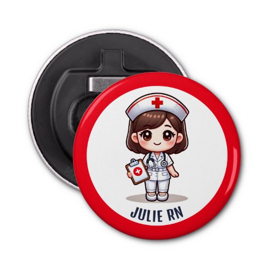 キュートマンガブルネットナースカリカチュアパーソナライズされた 栓抜き (正面)