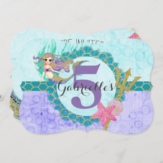 キュートマーメイドアクア小さな女の子誕生日招待状 招待状 (正面/裏面)