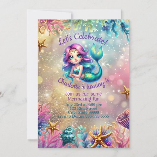キュートマーメイドアンダーザシー誕生日招待状 招待状 (正面)