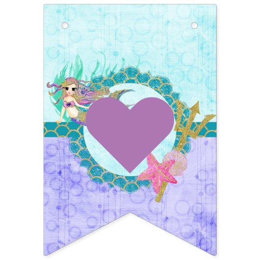 キュートマーメイドティール(緑がかった色)&パープルハッピーバースデー バンティングフラッグ (第1の旗)