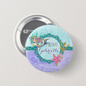 キュートマーメイドティール(緑がかった色)&パープルモノグラムハッピーバースデー 缶バッジ (正面&裏面)