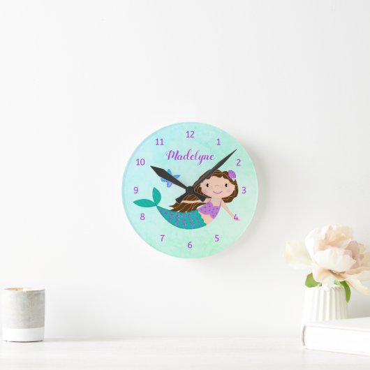 キュートマーメイドパープルグリッターアクア ラウンド壁時計 (ホーム)