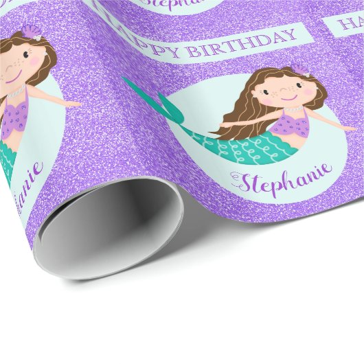 キュートマーメイドパープルグリッターパーソナライズされた誕生日 ラッピングペーパー (ロールコーナー)