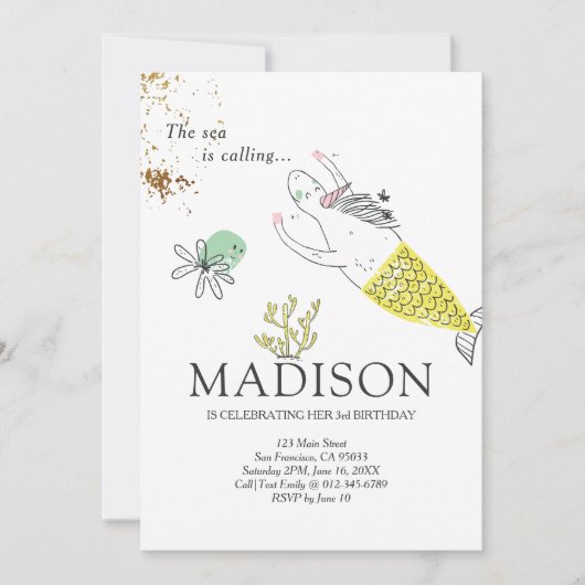 キュートマーメイドユニコーンフェイク金ゴールド誕生日招待状 招待状 (正面)