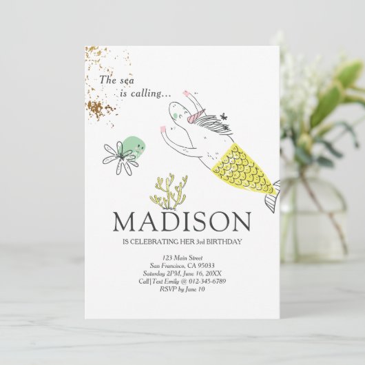 キュートマーメイドユニコーンフェイク金ゴールド誕生日招待状 招待状 (スタンド正面)