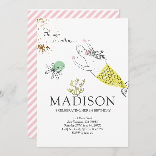 キュートマーメイドユニコーンフェイク金ゴールド誕生日招待状 招待状 (正面/裏面)