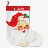 キュートミッドセンチュリーヴィンテージサンタパーソナライズされた ラージクリスマスストッキング (正面)