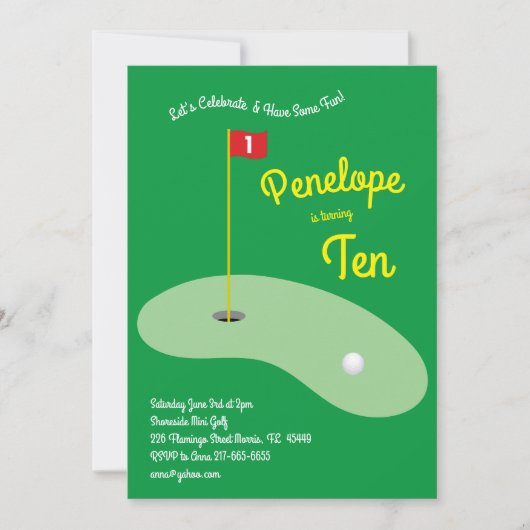 キュートミニゴルフ子供の誕生日パーティー 招待状 (正面)