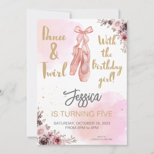 キュートミニマリストバレリーナシューズフローラ誕生日 招待状 (正面)