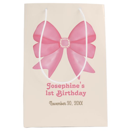 キュートミニマルピンクボウ誕生日 ミディアムペーパーバッグ (正面)